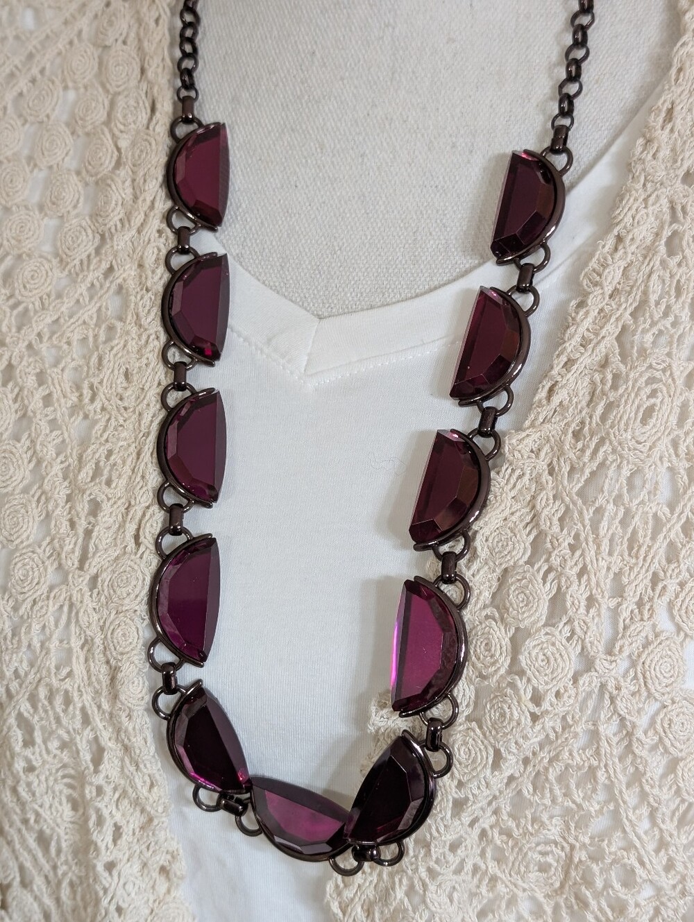 Coldwater Creek Magenta Purple Crescent Gem Long Necklace NWT $59